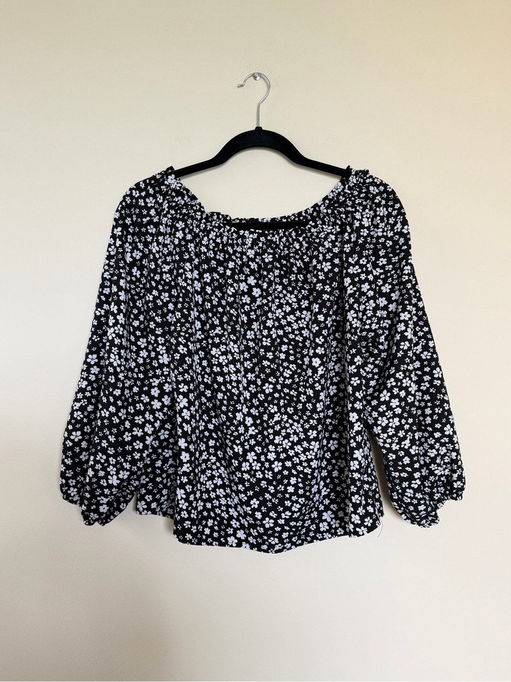 SHEIN Black and White Floral Off-Shoulder Blouse